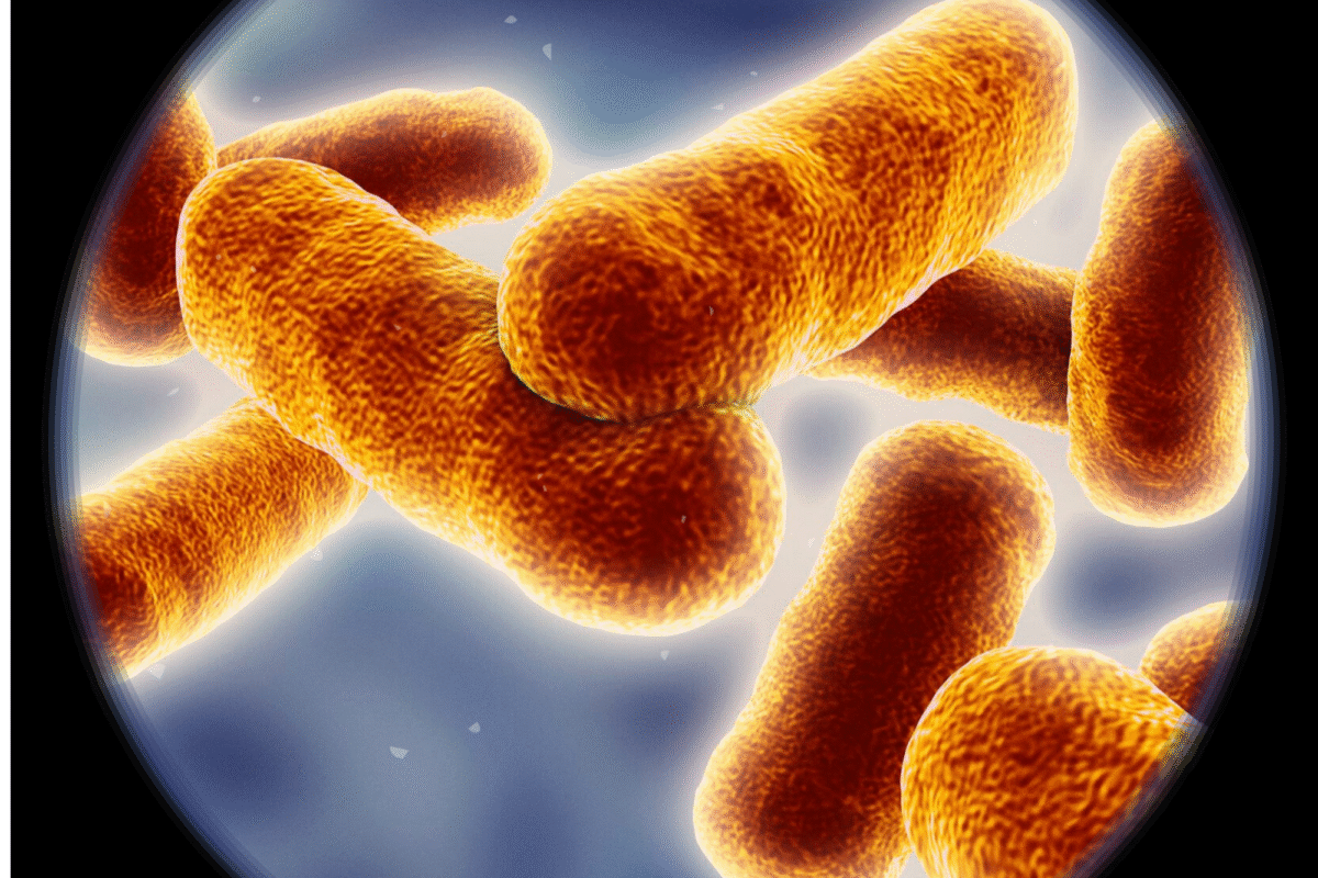 Image representing gut microbes in a scanning electron microscope style, framed with a black circular border