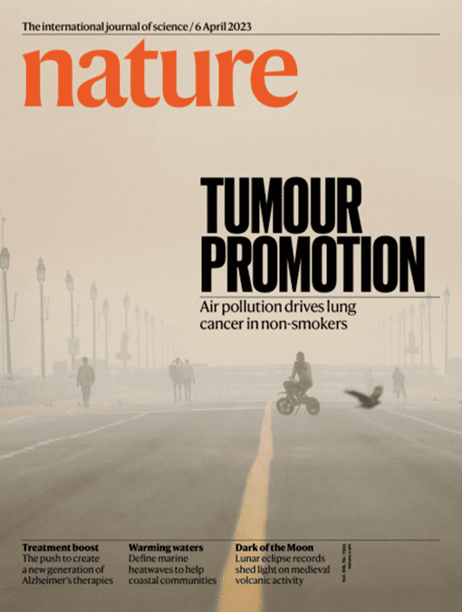 Front cover of nature with a smoggy image of a road and the text "Tumour Promotion"