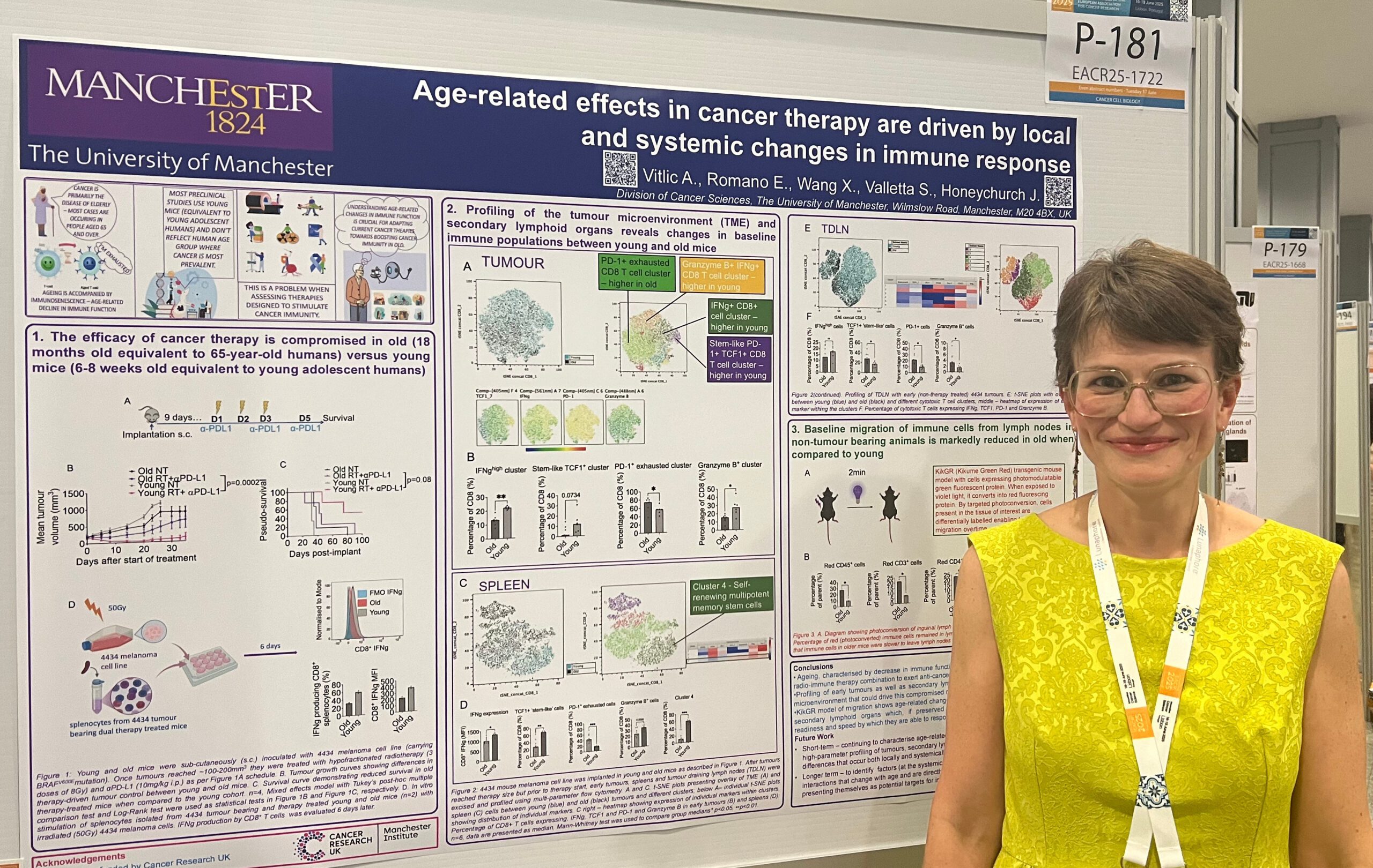 Dr Ana Vitlic presenting her work at the EACR congress, standing next to her poster