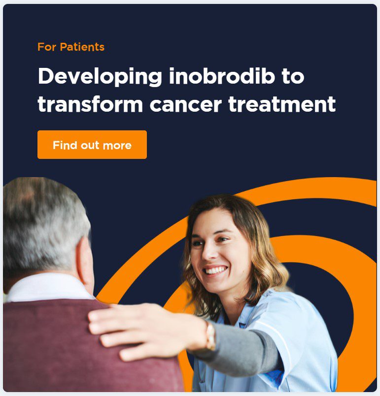 Graphic from the CellCentric website showing two people, one with the hand on the other shoulder. Text reads "Developing inobrodib to transform cancer treatment"