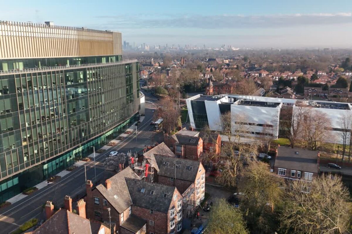 Drone shot of the Paterson and Oglesby Cancer Research Centre Buildings taken by Duncan Smith