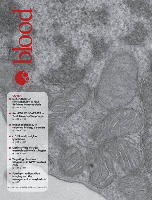 Cover page of Blood journal September 2025, featuring transmission electron microscopy image of stem cells
